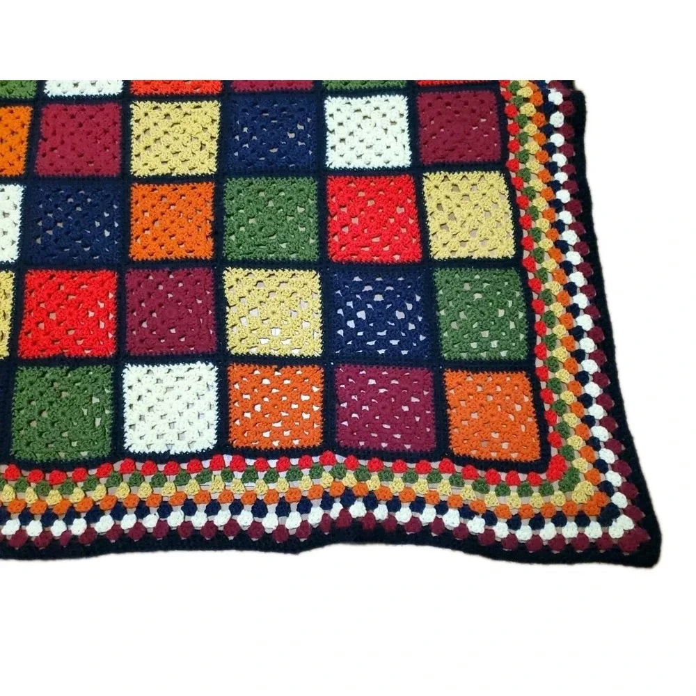 Vintage Granny Square Handmade Crocheted Afghan Blanket Black Orange Green 58x45